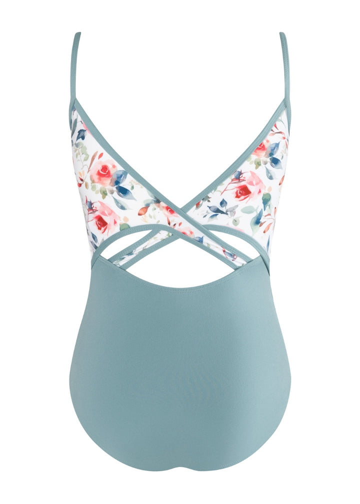 blue camisole leotard with floral panels