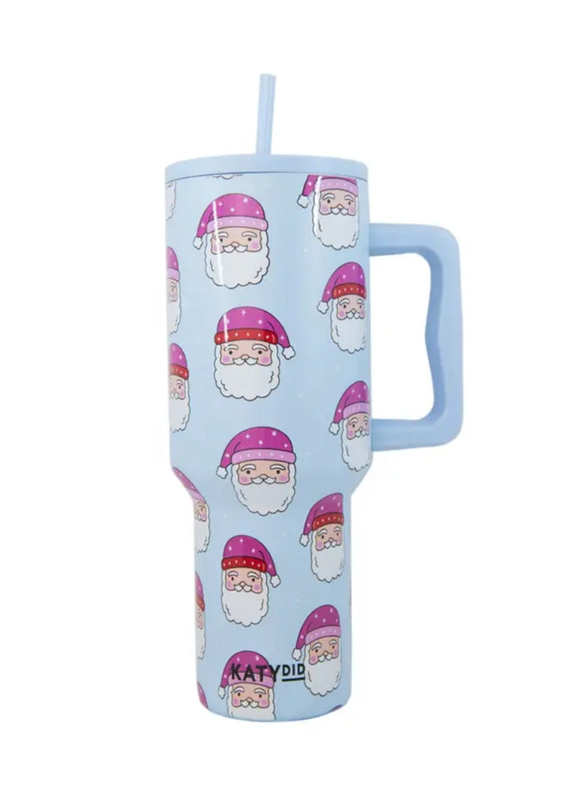 travel tumbler with straw and handle in light blue with santa claus pattern