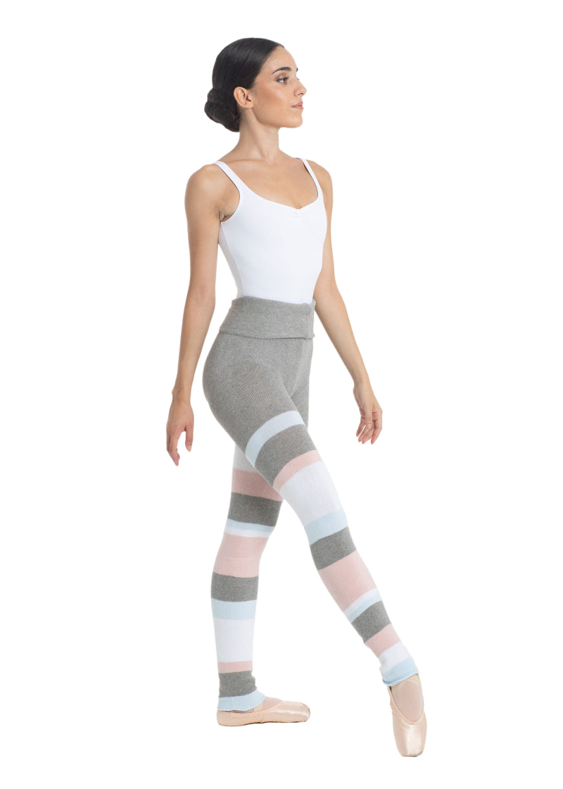 Intermezzo 5301-033 Women's Panlongband Asymmetrical Stripe Stretch Cotton Knit Pants in Grey-Light Blue-Pink-White