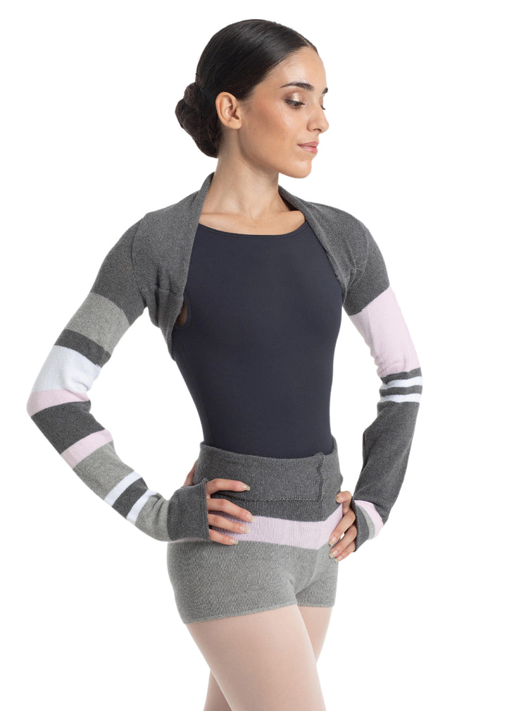 Intermezzo 6398-188 Women's Stretch Cotton Knit Ballet Shrug Sweater with Dark Grey and Pink Asymmetrical Stripes and long sleeves with thumbholes
