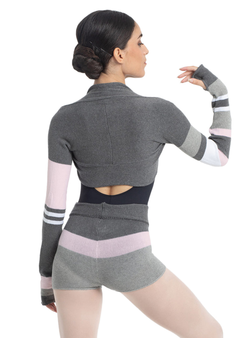 Intermezzo 6398-188 Women's Stretch Cotton Knit Ballet Shrug Sweater with Dark Grey and Pink Asymmetrical Stripes and long sleeves with thumbholes