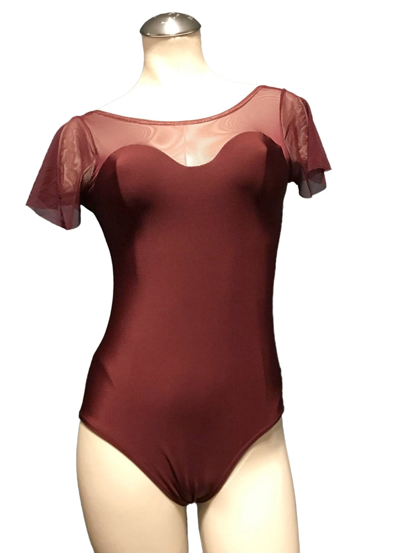 MSeam Apparel Girls' Clara Mesh Flutter Sleeve Leotard in Burgundy