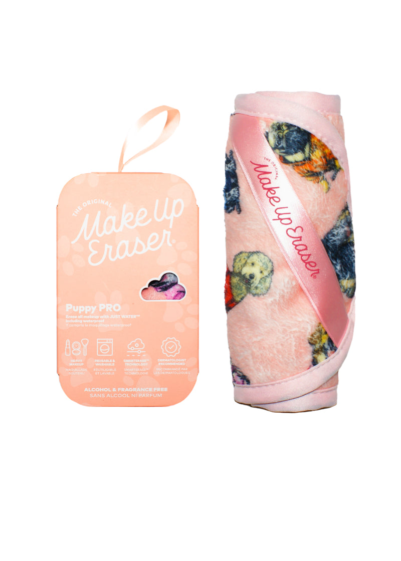 Makeup Eraser Pro in puppy print with pink background.