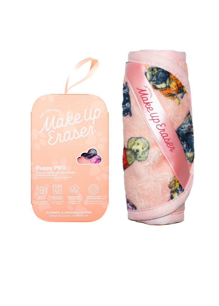 Makeup Eraser Pro in puppy print with pink background.