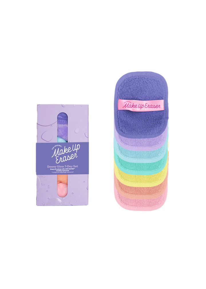 Set of seven mini makeup eraser cloths in a rainbow of pastel shades.