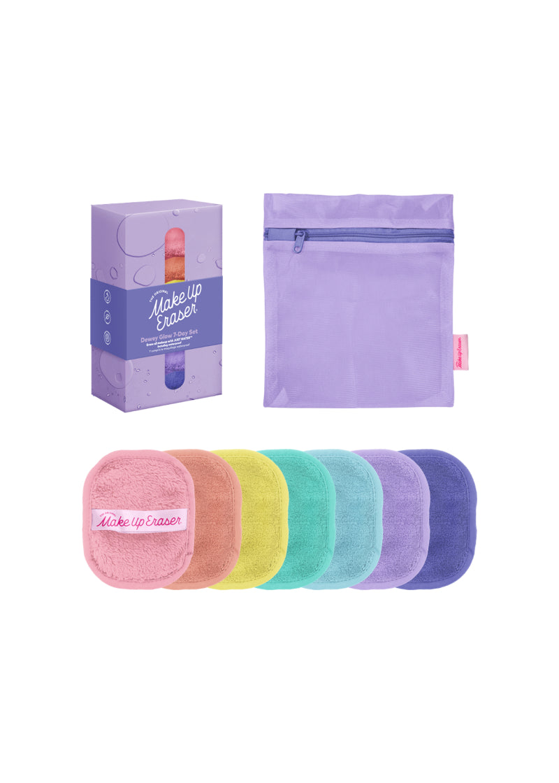 Set of seven mini makeup eraser cloths in a rainbow of pastel shades, and light purple zipper storage bag.