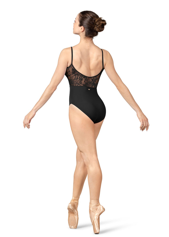 Mirella black camisole leotard with scoop back and lace back panel