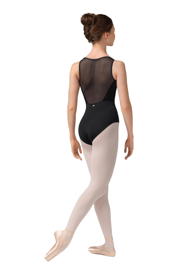 Mirella women's boat neck camisole leotard in black with mesh back.