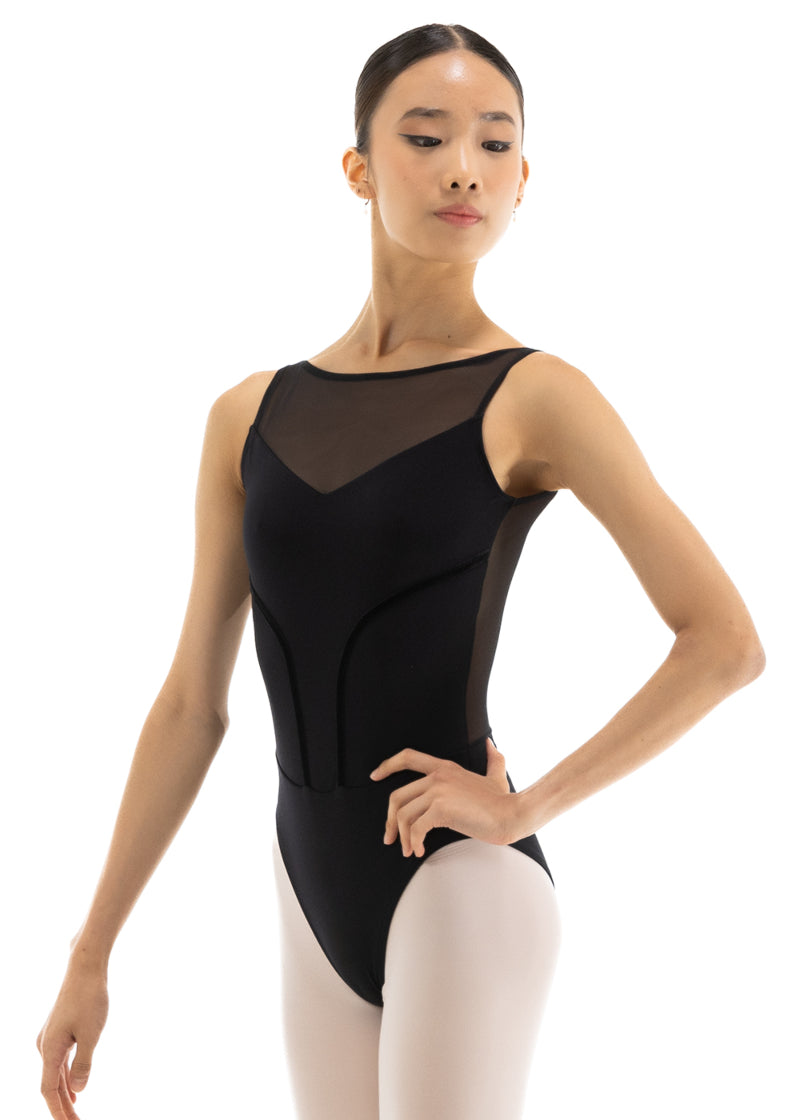 Nikolay Trinity tank leotard in black with curved rib detail and mesh neckline.