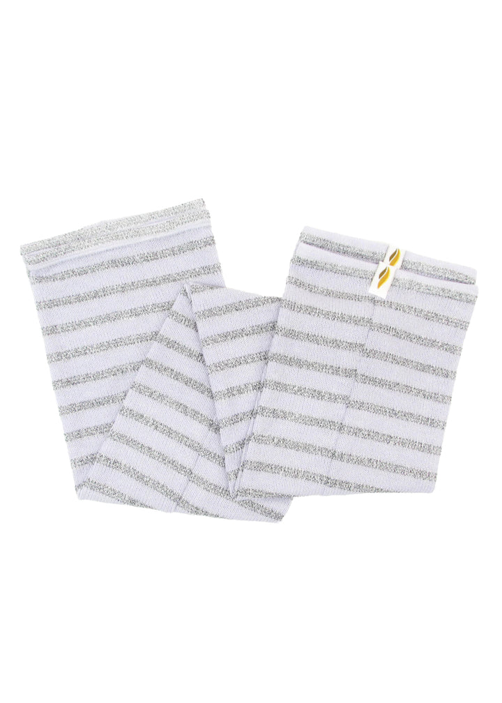RubiaWear legwarmers in light purple with silver stripes.