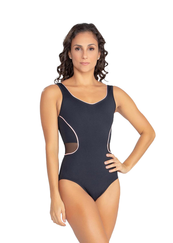 So Danca Mirella tank leotard in black with light pink trim and waist accents and mesh panels.