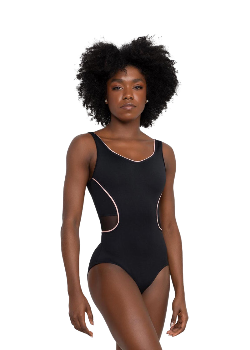So Danca Mirella tank leotard in black with light pink trim and waist accents and mesh panels.