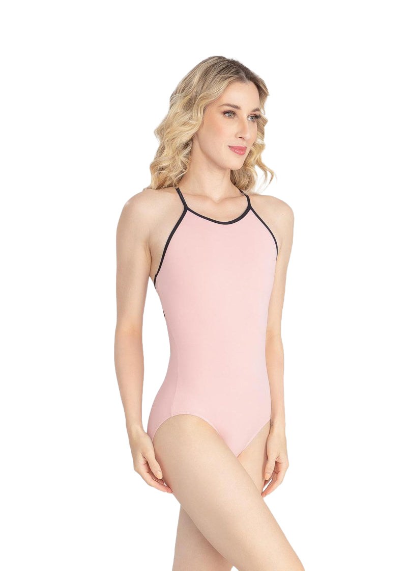 So Danca Laine camisole leotard in light pink with black trim and straps.