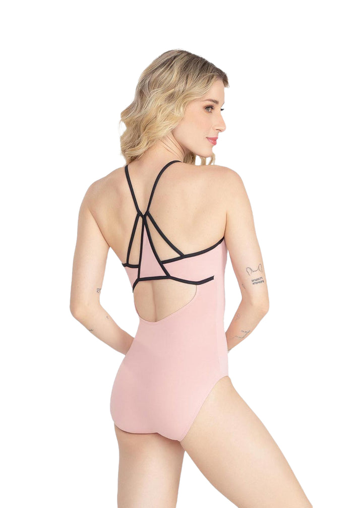 So Danca Laine camisole leotard in light pink with black trim and strappy open back.
