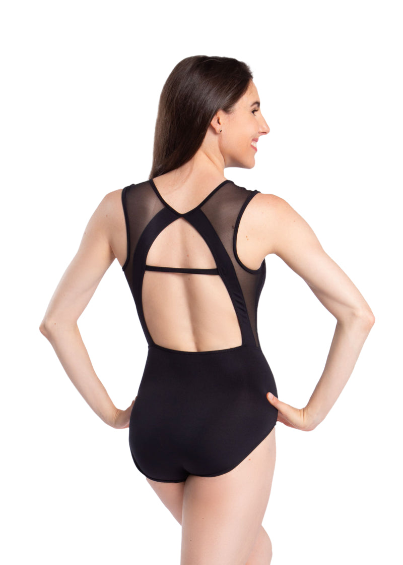 So Danca Annie tank leotard in black with mesh side panels and open back.