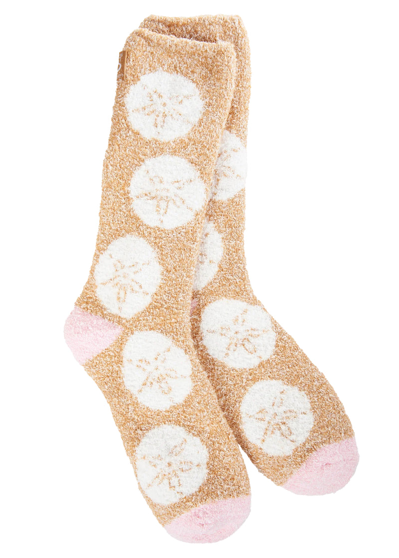 World's Softest Sand Dollar Holiday Spring Cozy Crew, super soft fuzzy socks featuring a pattern of white sand dollars on a pink and tan background