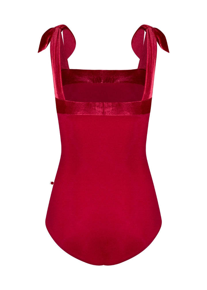 red tank leotard with velvet tie straps
