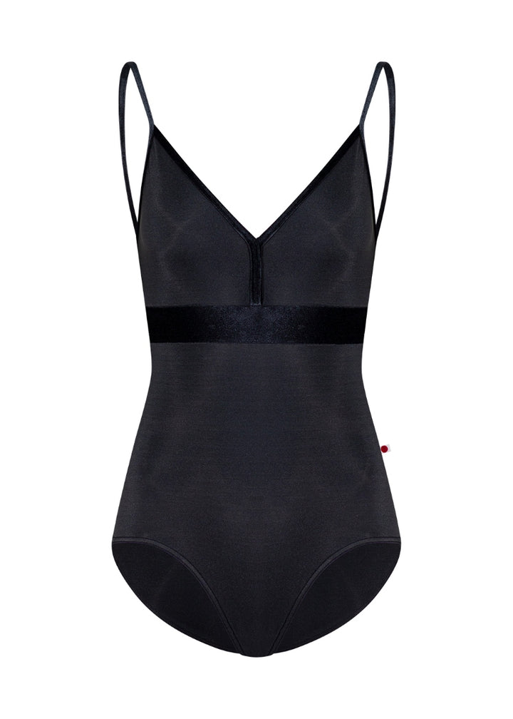 black camisole leotard with velvet trim, straps, and waistband