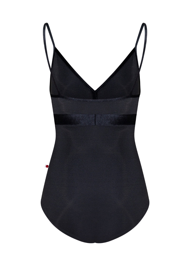 black camisole leotard with velvet trim, straps, and waistband