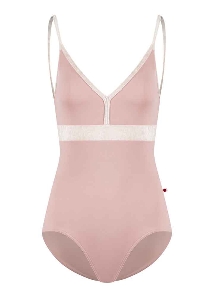 Yumiko women's Zoe camisole leotard in light pink with pale pink crushed velvet trim, straps, and waistband.