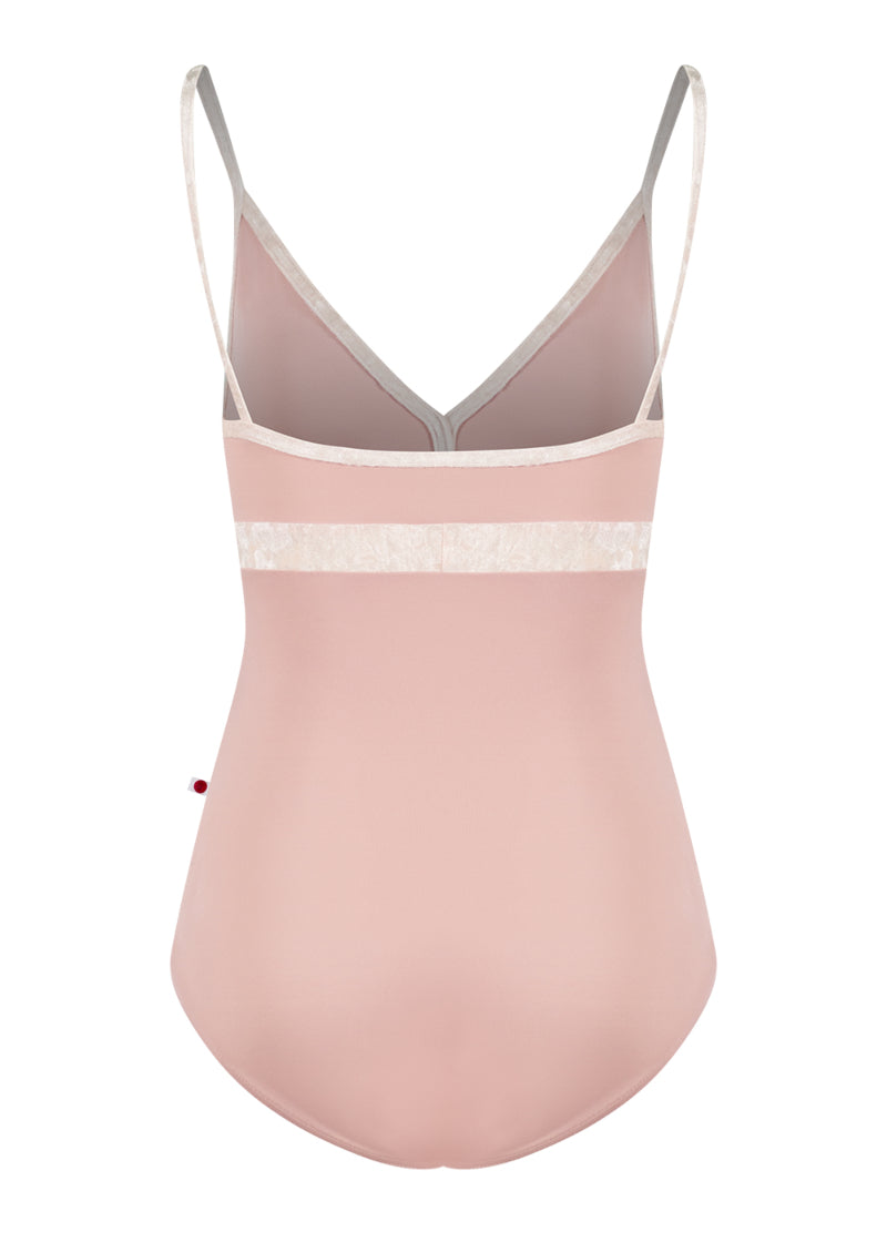 Yumiko women's Zoe camisole leotard in light pink with pale pink crushed velvet trim, straps, and waistband.