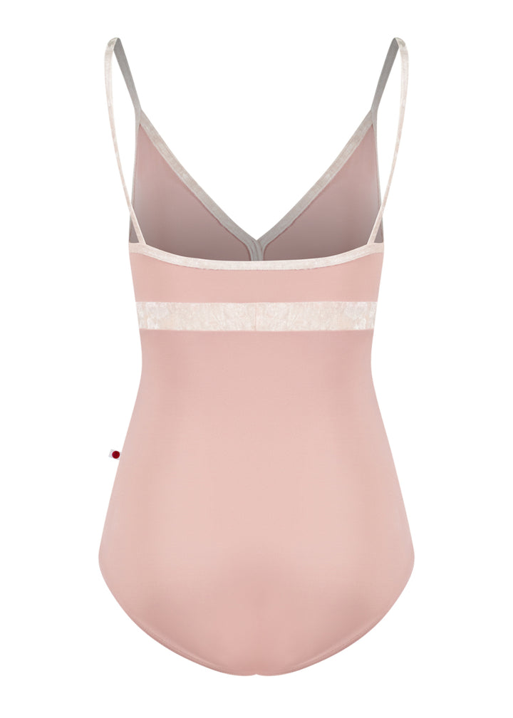 Yumiko women's Zoe camisole leotard in light pink with pale pink crushed velvet trim, straps, and waistband.
