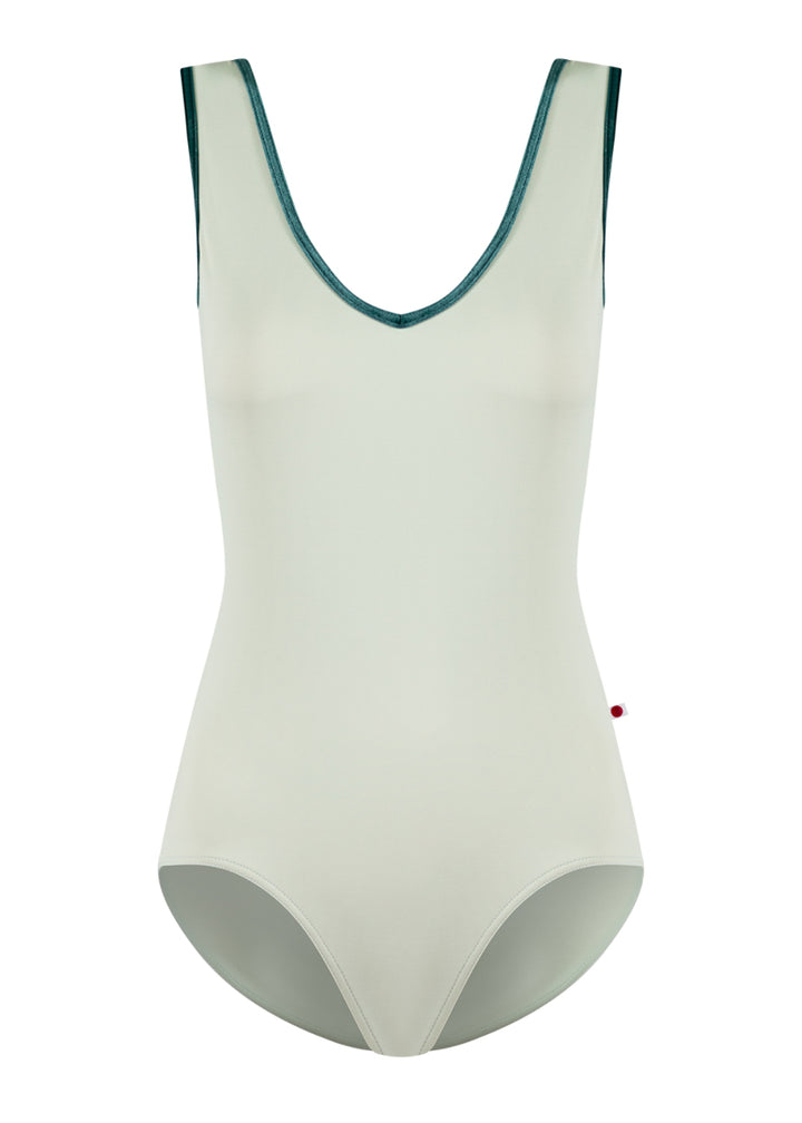 Yumiko women's Gina tank leotard in light green with green velvet trim.