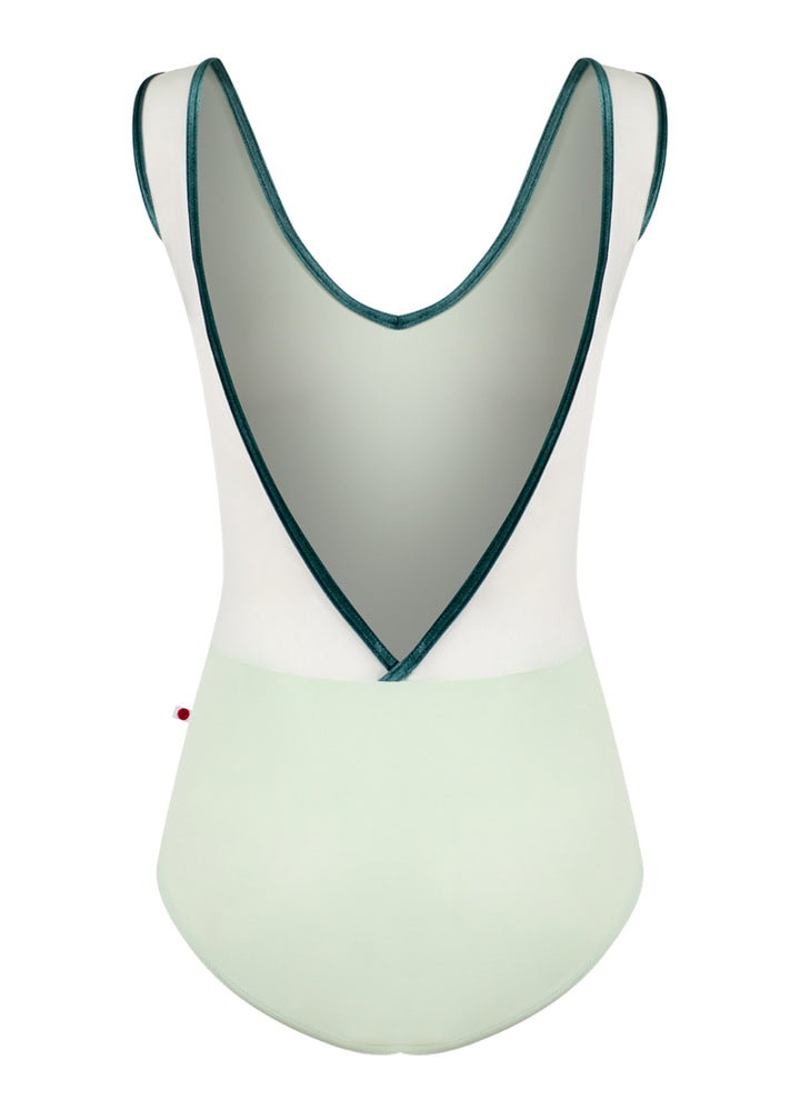 Yumiko women's Gina tank leotard in light green with green velvet trim and white mesh v-back.