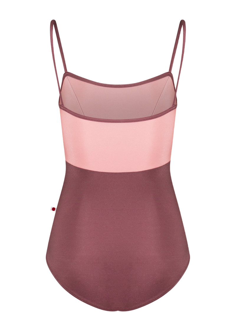 Yumiko women's Denise camisole leotard with dark pink bottom, light pink top, and dark pink straps.