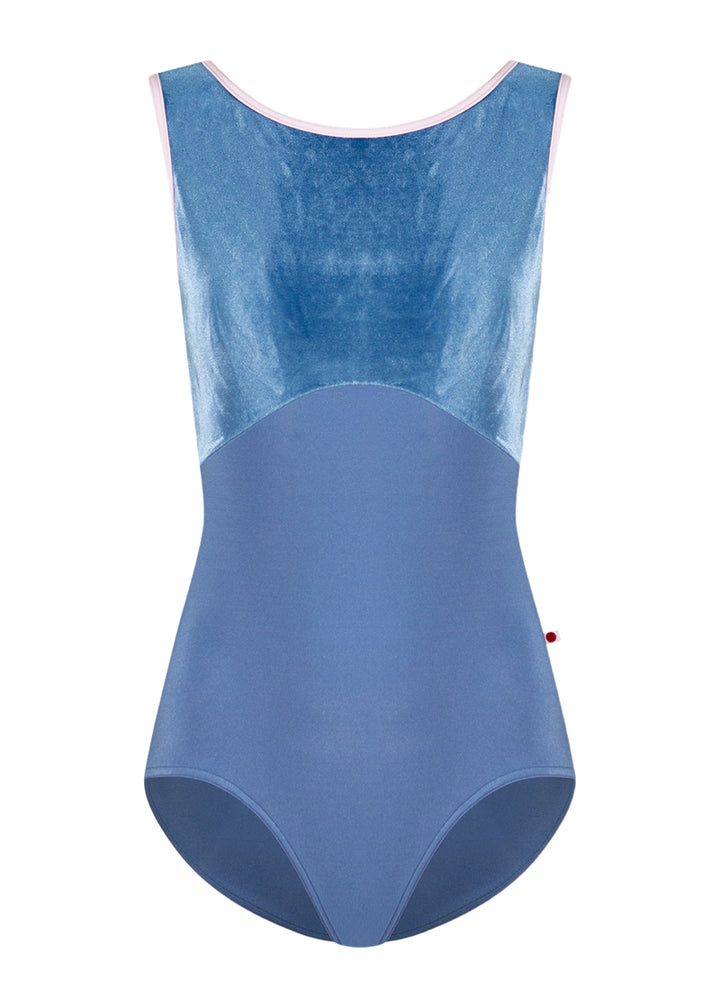 Yumiko women's Sofiane Duo tank leotard with light blue velvet top, light blue bottom, and light pink trim.
