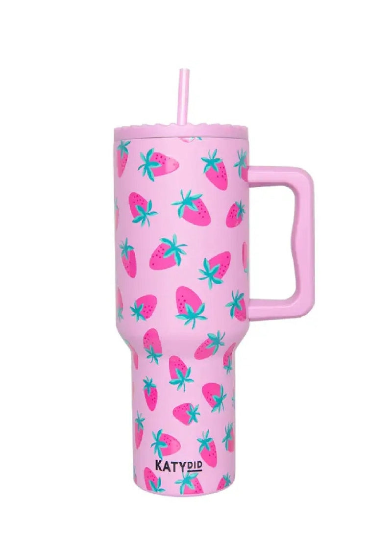 pink tumbler with handle and strawberry pattern