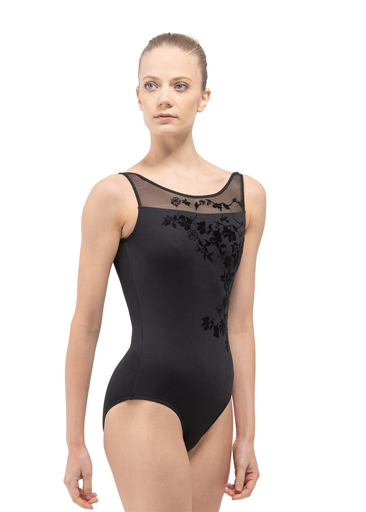 Ballet Rosa Women's Black Tank Scoop Neckline Leotard with Mesh Overlay and Floral Flocking