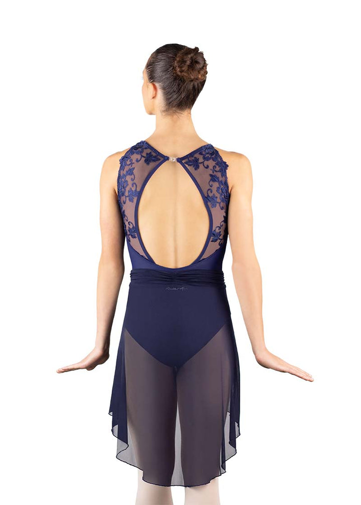Ballet Rosa womens navy blue open back leotard with lace panels and clasp closure.