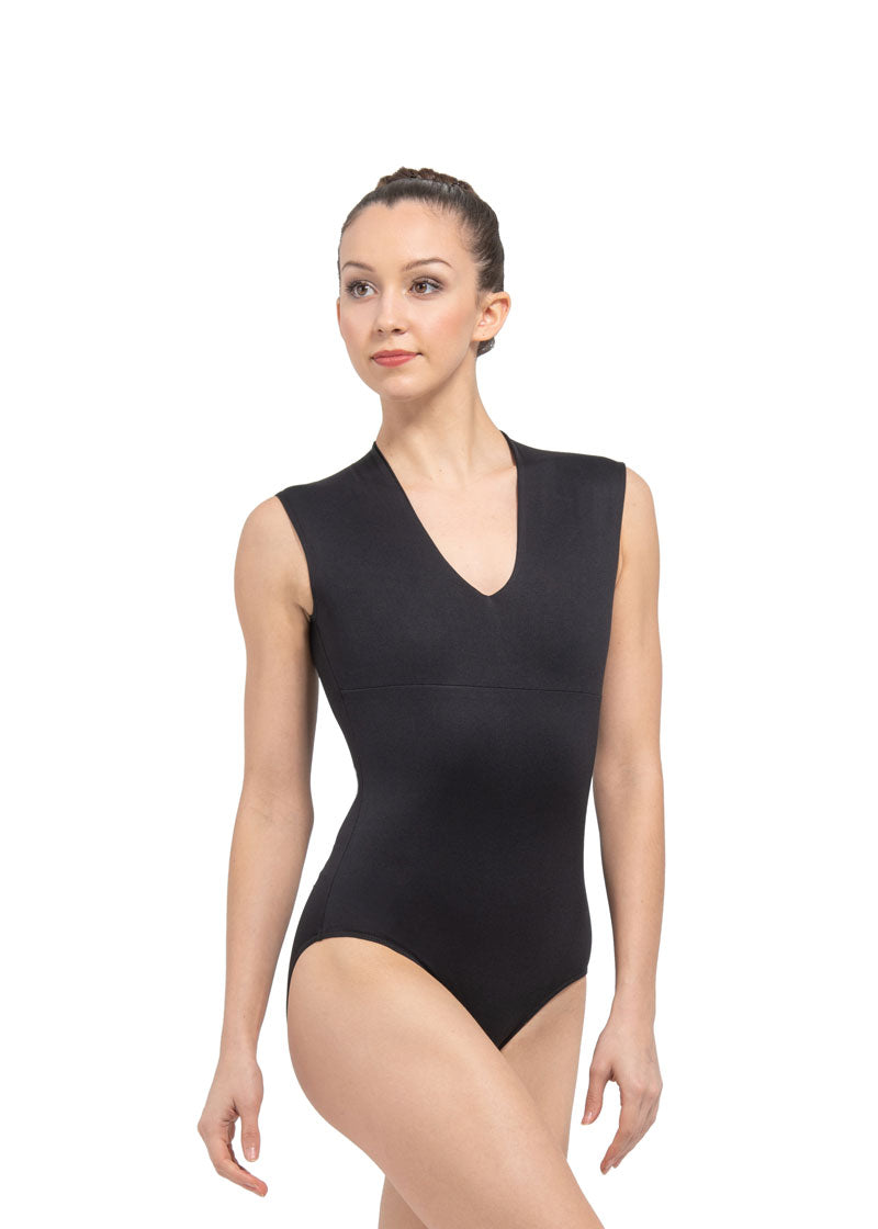 Ballet Rosa women's black tank leotard with v-neckline.