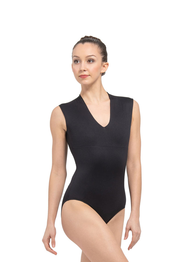 Ballet Rosa women's black tank leotard with v-neckline.