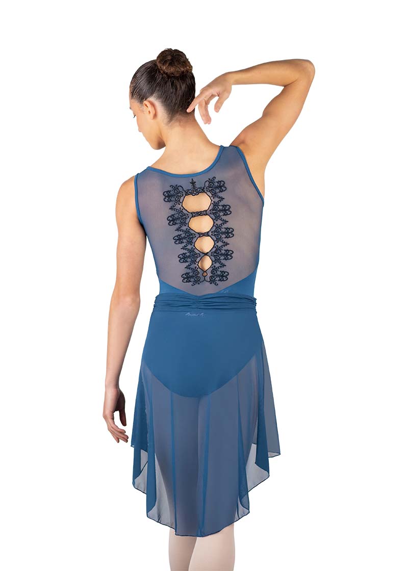 Ballet Rosa women's blue tank leotard with lace keyholes in a mesh back.