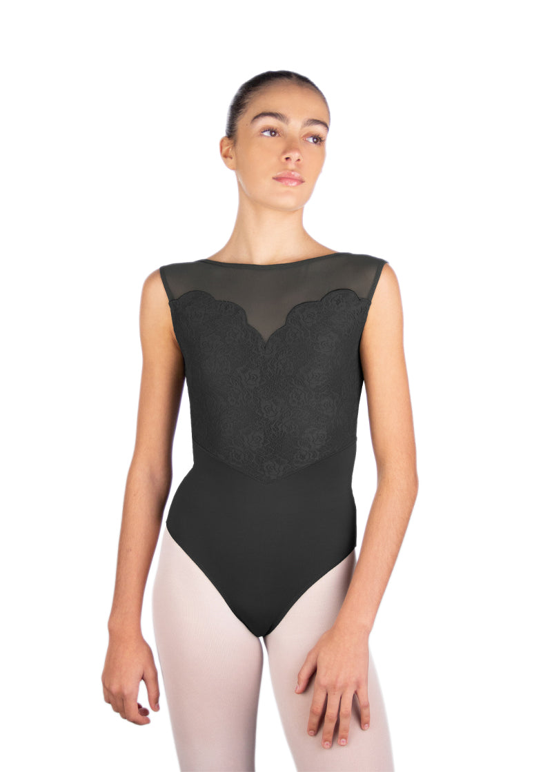 Ballet Rosa women's Caprice tank leotard in black with lace bodice, scalloped sweetheart and mesh neckline.
