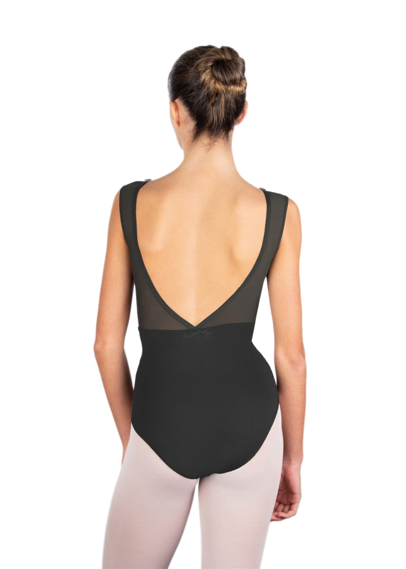 Ballet Rosa women's Caprice tank leotard in black with mesh panels and open back.