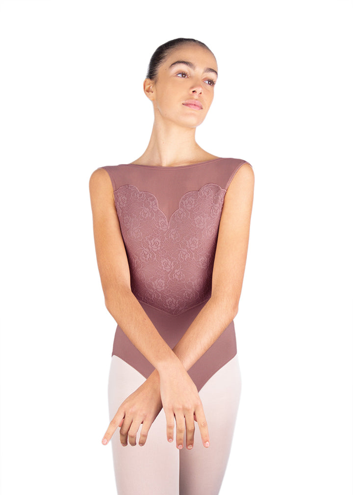 Ballet Rosa women's Caprice tank leotard in pink with lace bodice, scalloped sweetheart and mesh neckline.