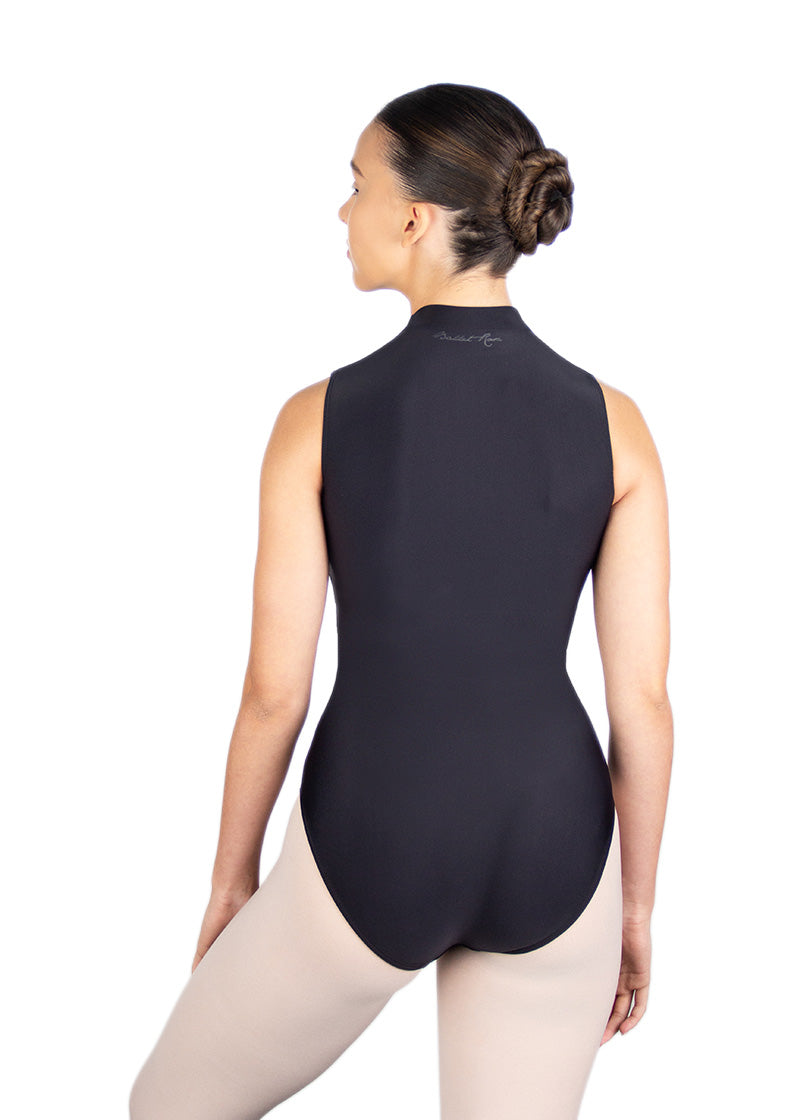 Ballet Rosa women's Chablis tank leotard in black with high neckline and full back coverage.
