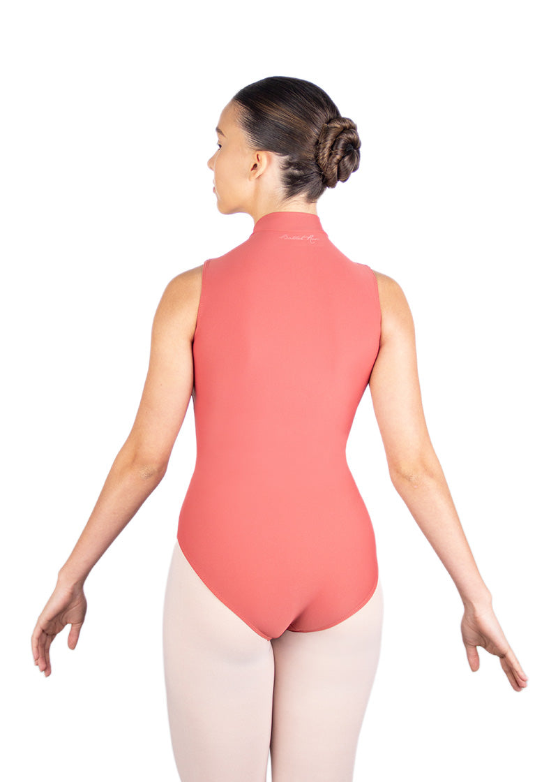Ballet Rosa women's Chablis tank leotard in salmon pink with high neckline and full back coverage.