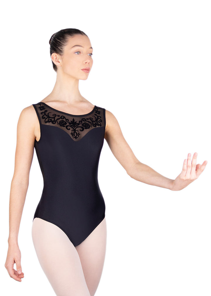 Ballet Rosa women's Corbeau tank leotard in black with velour flocked detail on mesh sweetheart neckline.