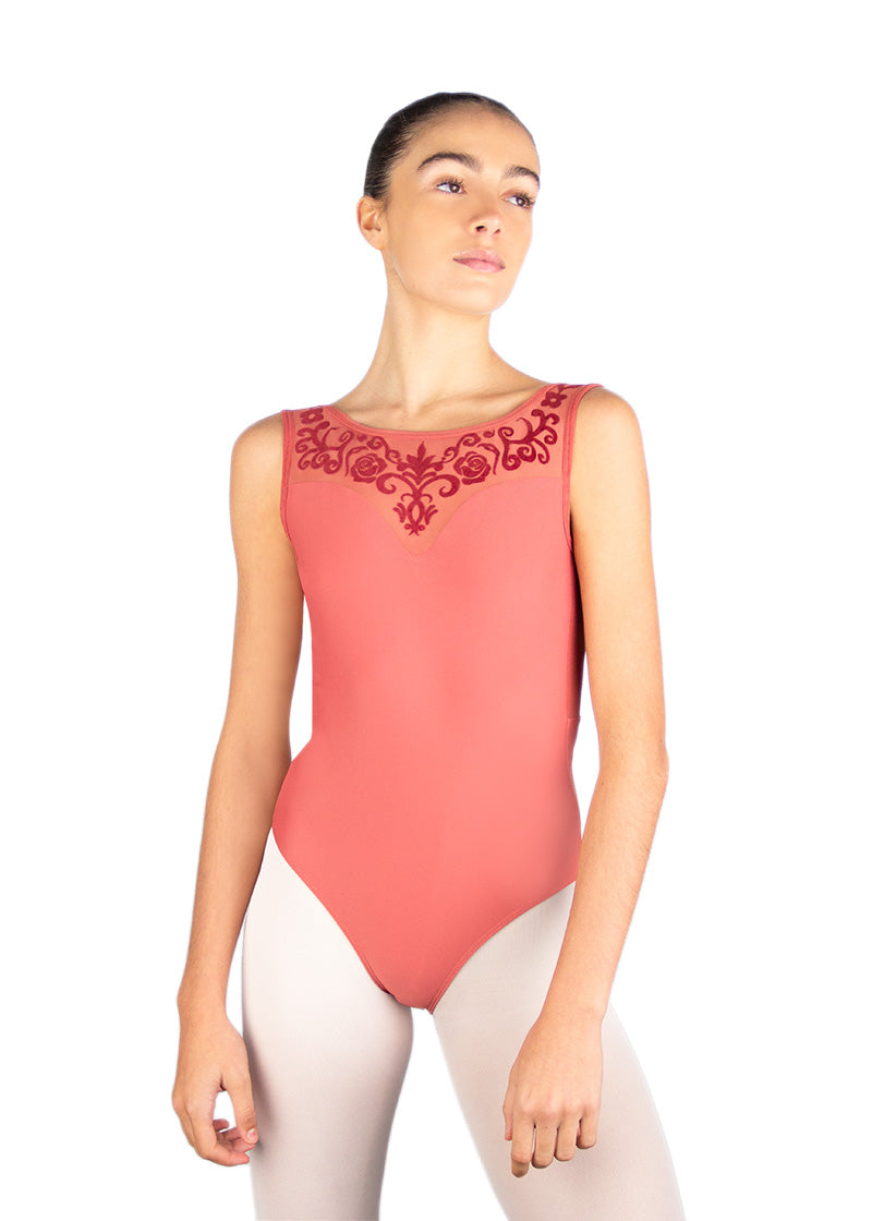 Ballet Rosa women's Corbeau tank leotard in salmon pink with red flocked detail on a mesh sweetheart neckline.