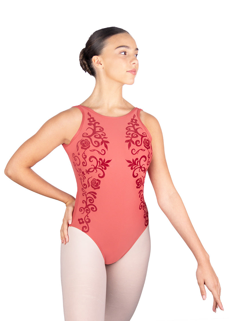 Ballet Rosa women's Evian tank leotard in salmon pink with red velour flora flocked detail.