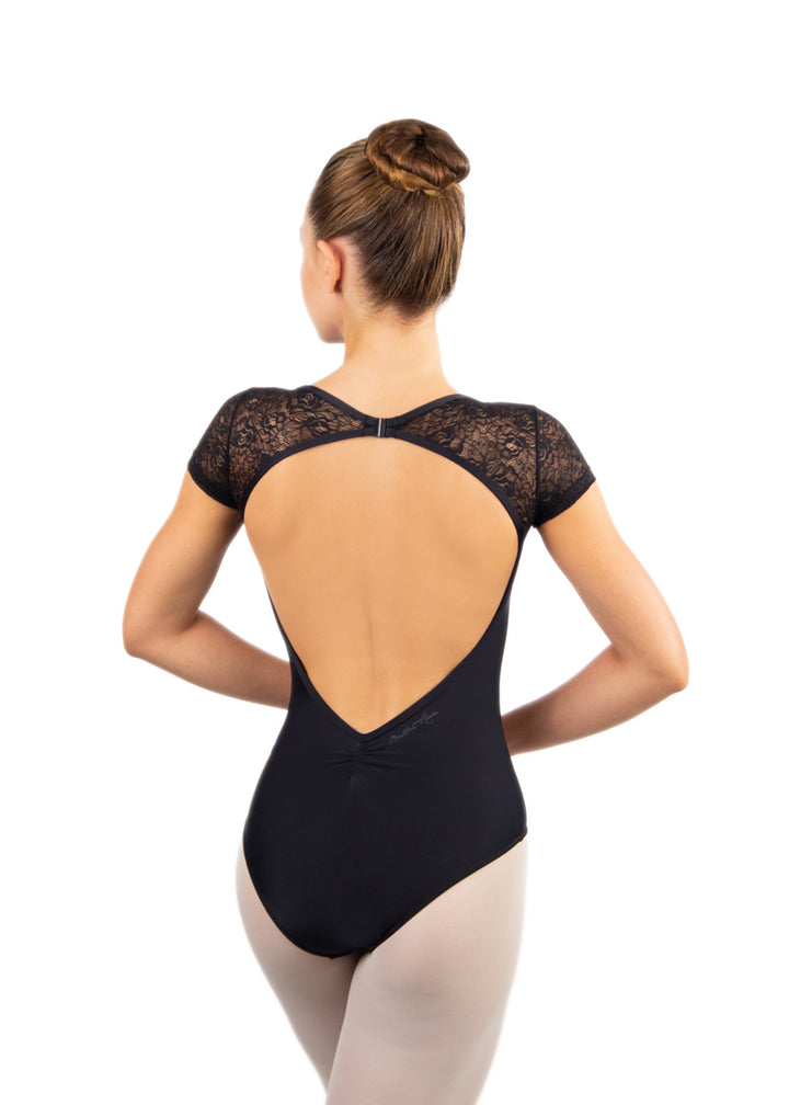 Ballet Rosa women's Fosette cap sleeve leotard in black with lace sleeves and low pinch back.