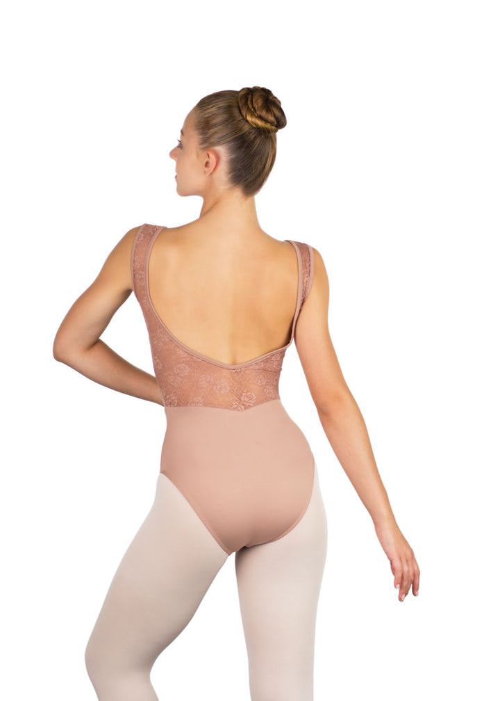 Ballet Rosa women's Inaya tank leotard in beige with lace scoop back.