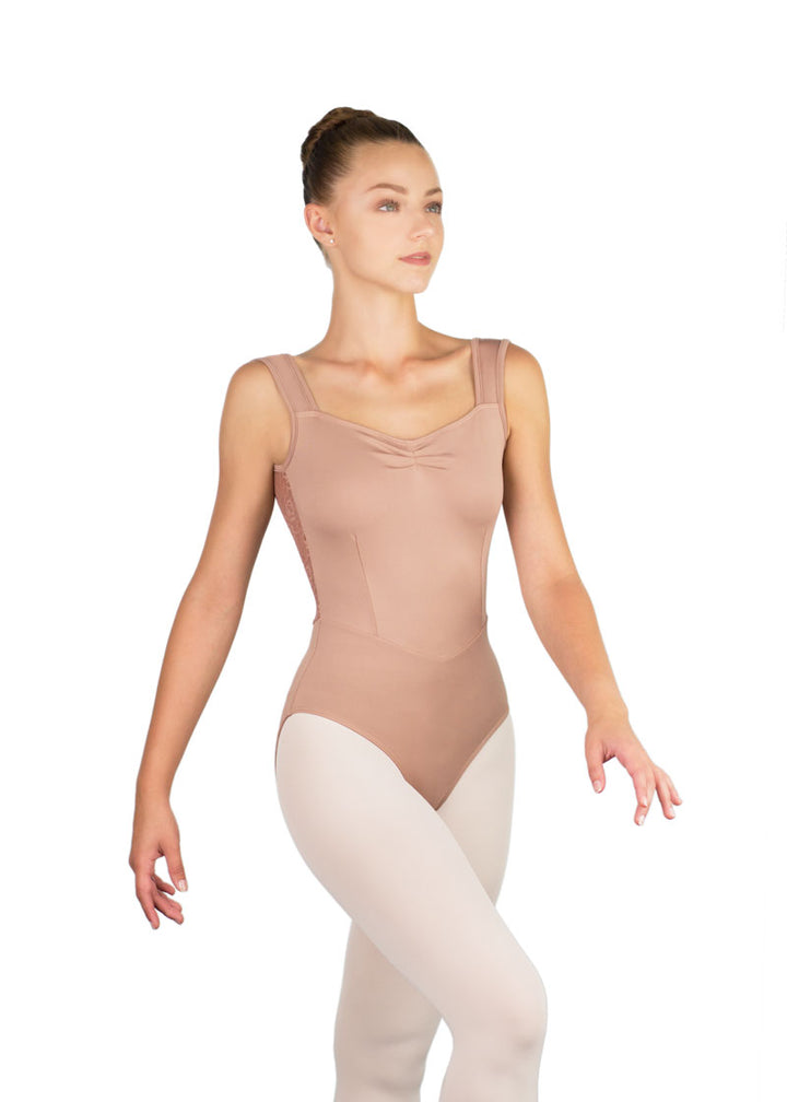 Ballet Rosa women's Inaya tank leotard in beige with princess seams and pinch front.
