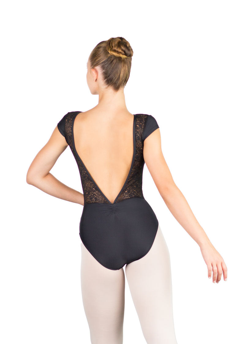 Ballet Rosa women's Maeva cap sleeve leotard in black with lace panels and open pinch back.