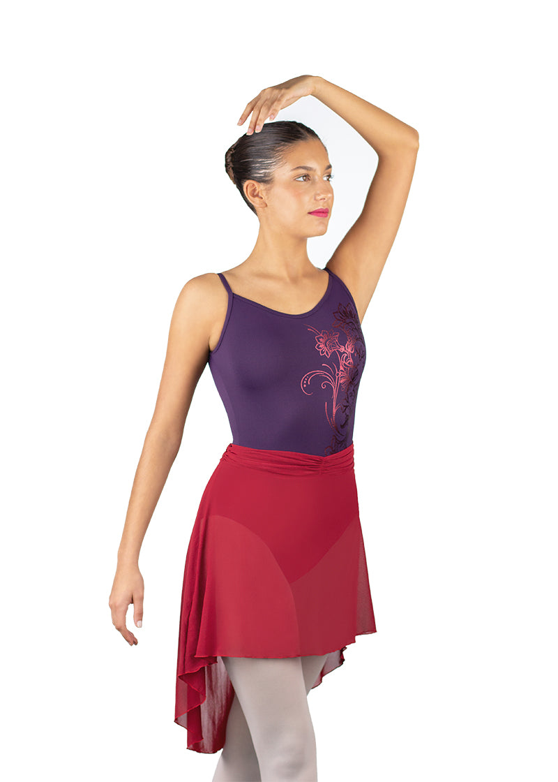 Ballet Rosa women's Millie mesh pull-on high-low skirt in red with gathered waistband.