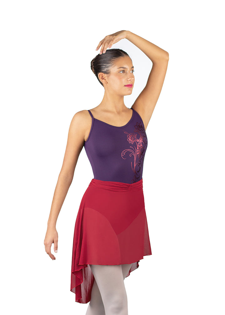 Ballet Rosa women's Millie mesh pull-on high-low skirt in red with gathered waistband.